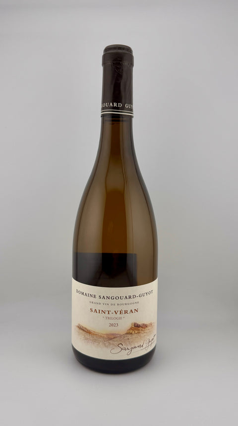 A bottle of Trilogie, Sangouard-Guyot, AOC Saint Véran, 2023 white wine