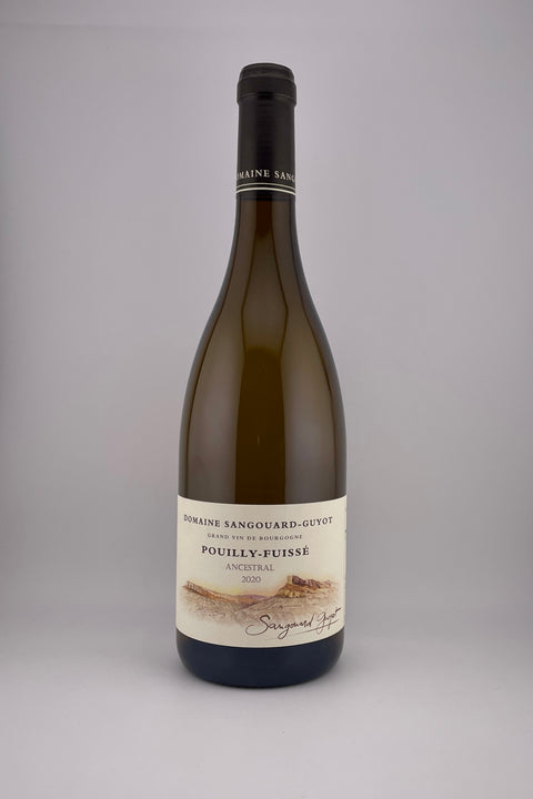 A bottle of Domaine Sangouard-Guyot Pouilly Fuissé white wine with a label that includes the wine type and the name of the domaine.