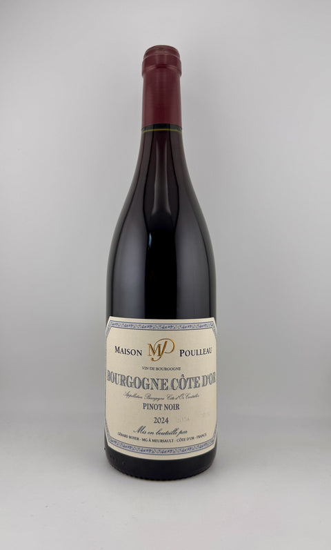 A bottle of Maison Poulimie Bourgogne Côte d'Or Pinot Noir red wine, featuring a dark glass bottle with a cream-colored label and a dark red foil capsule at the neck, set against a plain light gray background.