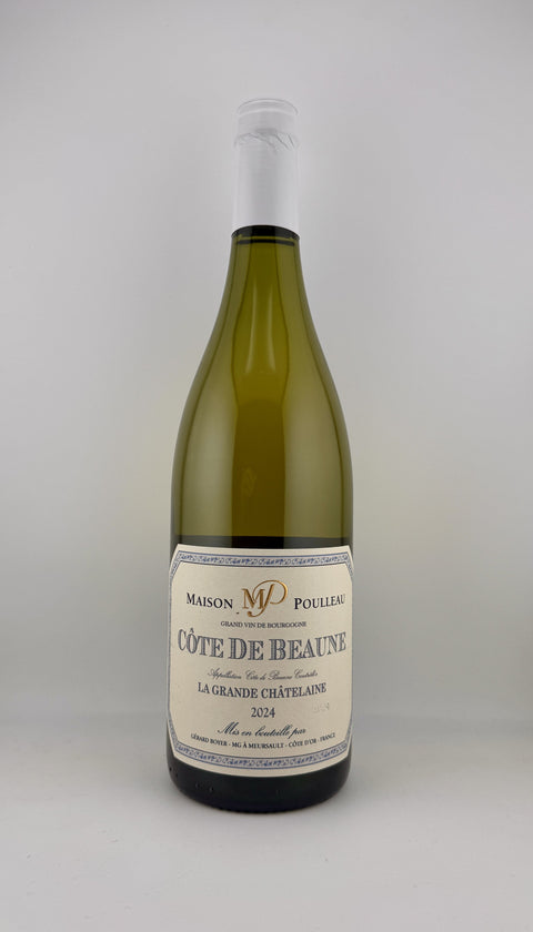 A single bottle of Maison NP Pouleure Côte de Beaune La Grande Châtelaine 2024 white wine, in a dark green glass bottle with a cream-colored label and white foil, set against a plain light gray background.