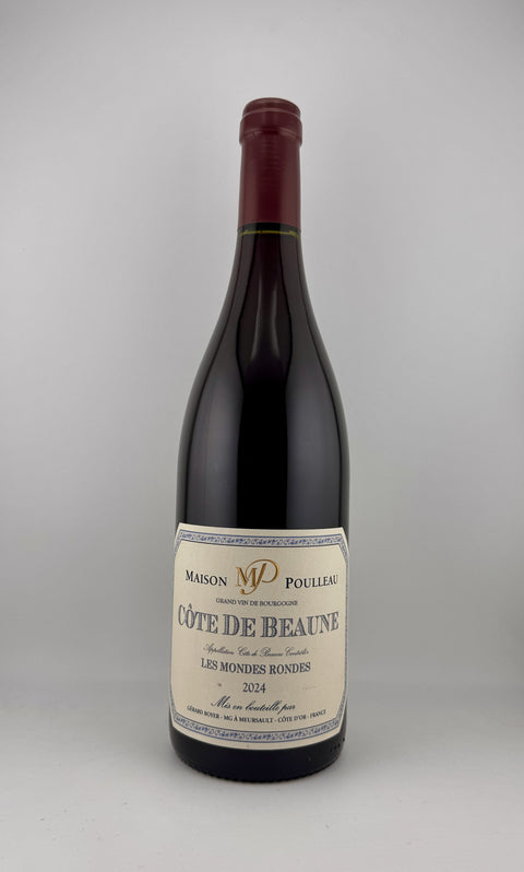 A bottle of Maison Poulleau École des Château de Beaune Côte de Beaune red wine, featuring a dark glass bottle with a cream-colored label and a dark red foil capsule, set against a neutral gray background.