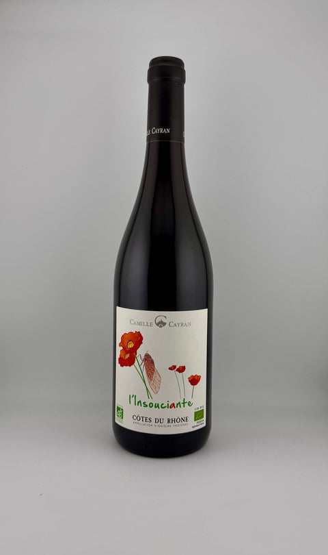 a bottle of L'Insouciante, Cave de Cairanne, AOC Côtes du Rhône, 2022 (organic) - red wine