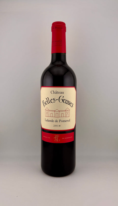 a bottle of Lalande de Pomerol, Château Belles-Graves, 2018, red wine