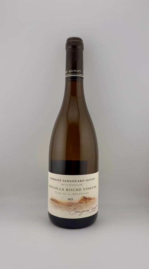 a bottle of Clos de la Bressande, Domaine Sangouard-Guyot, AOC Mâcon La Roche Vineuse Vergisson, 2023, white wine