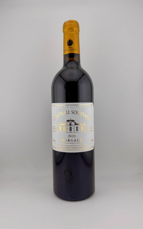 A bottle of Cháteau Soussans Margaux wine with a label that includes the name of the wine and the year 2020.
