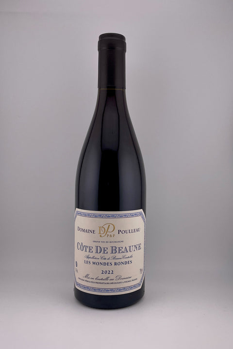 A bottle of Domaine Poulleau Les Mondes Rondes Pinot Noir with a label that includes the brand name and the word 'Pinot Noir' indicating the type of wine.