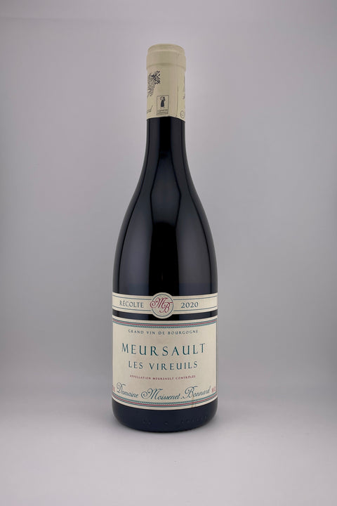 Bottle of Meursault white wine with a label indicating it is a product of the Domaine Moissenet-Bonnard, Meursault, 2020.