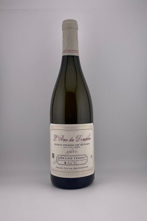 A bottle of Beauroy, Domaine Verret, AOC Chablis 1er Cru, 2020 wine with a white label on a clear background.