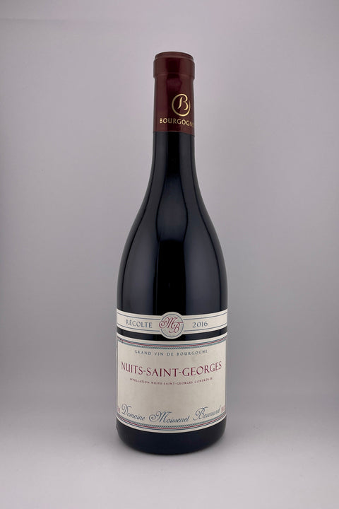 A bottle of Nuits St Georges, Domaine Moissenet, AOC Nuits St Georges, 2016, red wine